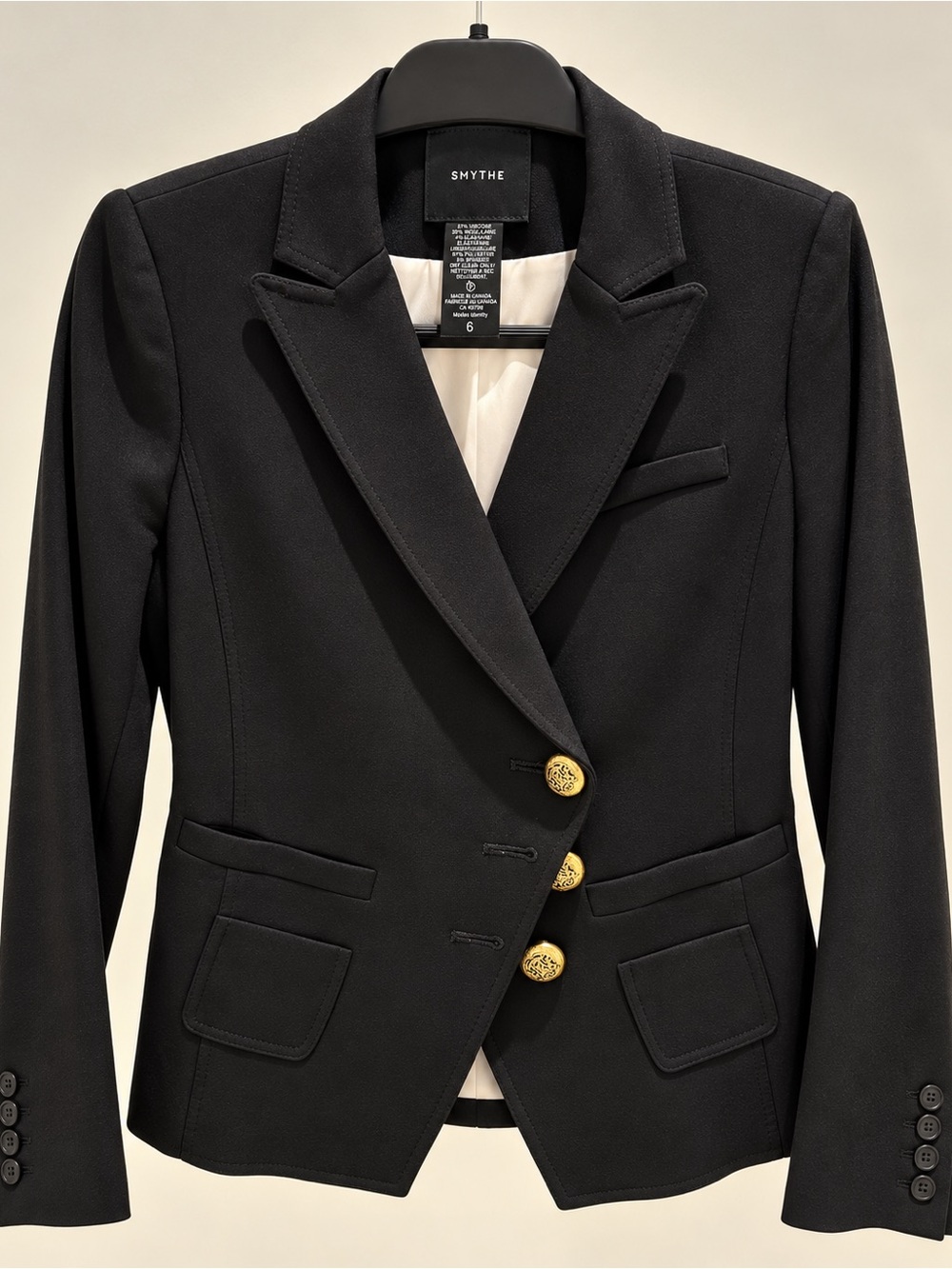 SMYTHE Black Tailored Blazer Gold Crest Buttons Size 6